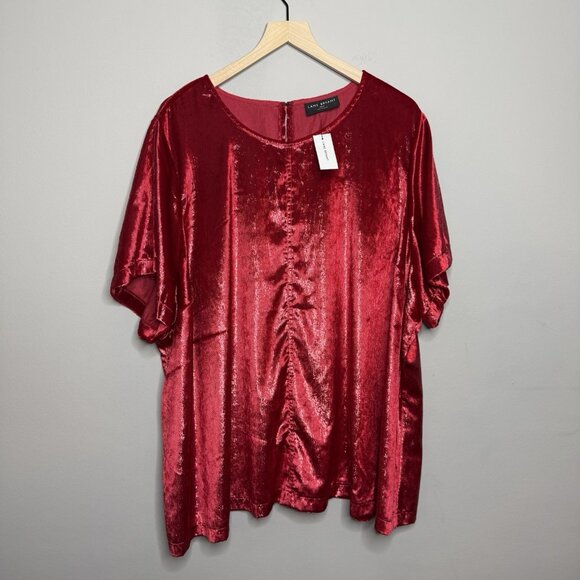Lane Bryant Women’s Red Shimmer Lurex Boatneck Short Sleeve Swing Plus Top 30/32 - Picture 1 of 6